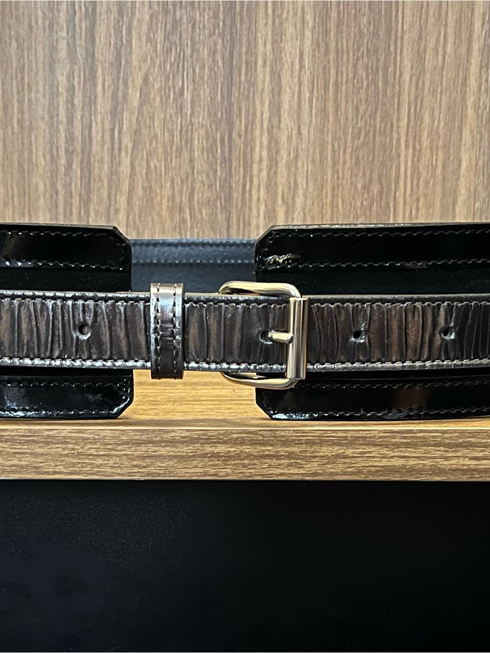 Anne Fontaine Black and Gunmetal Leather Wide Waist Belt with Silver Buckle